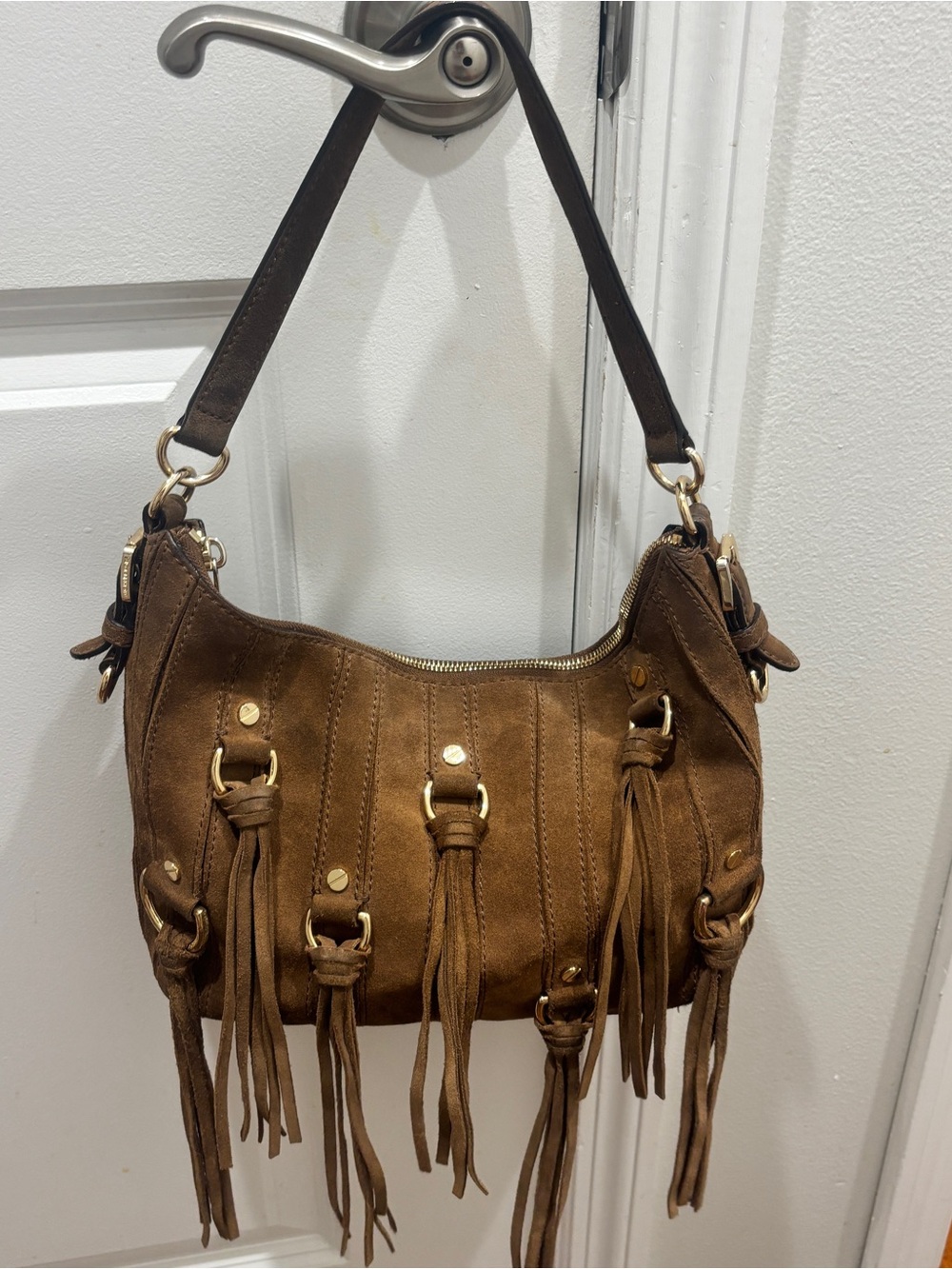 Michael Kors Brown Suede Fringe Shoulder Bag with Gold Hardware